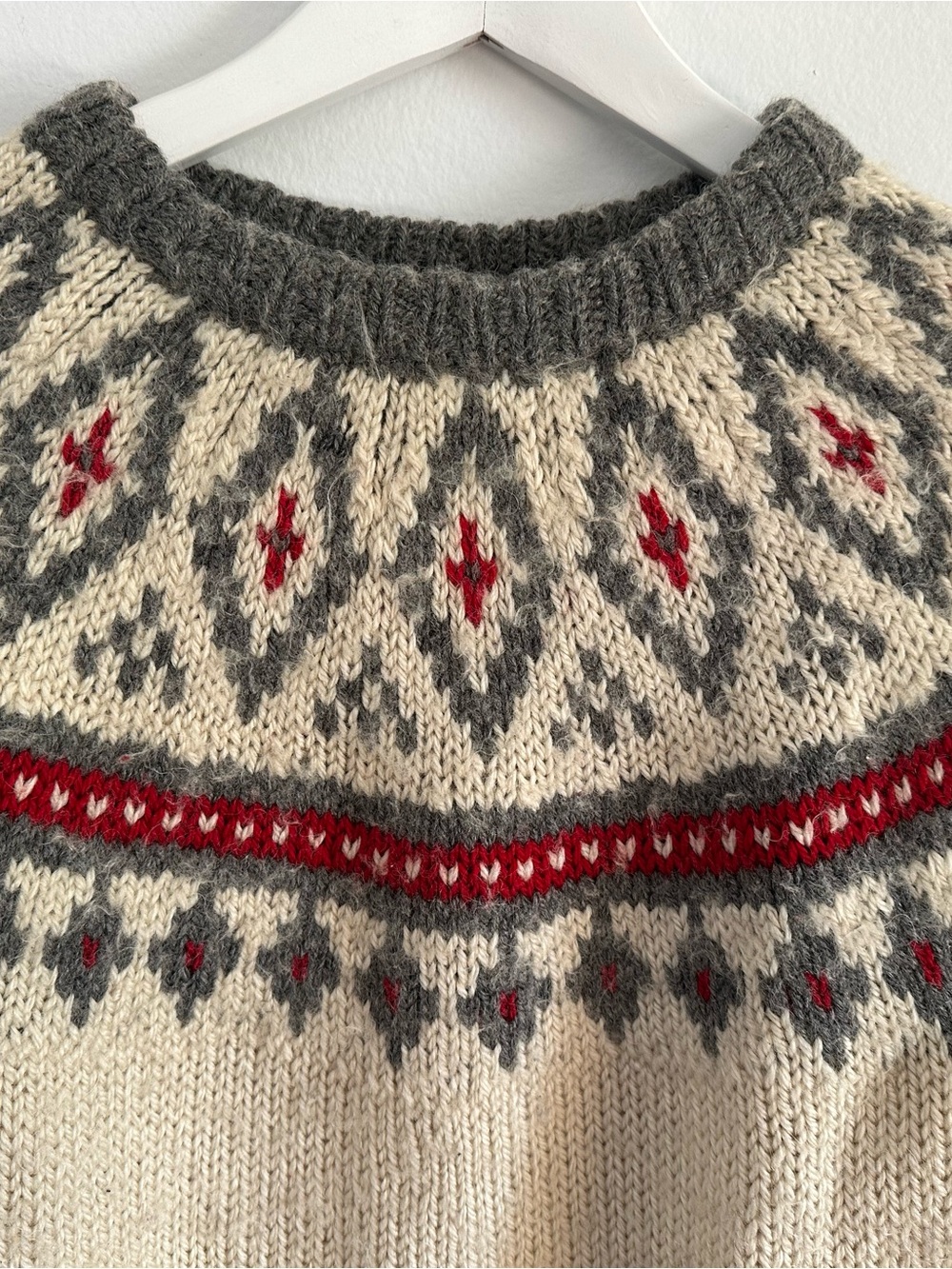 Handmade Wool Fair Isle Nordic Sweater – Cream, Grey & Red - Picture 5 of 13